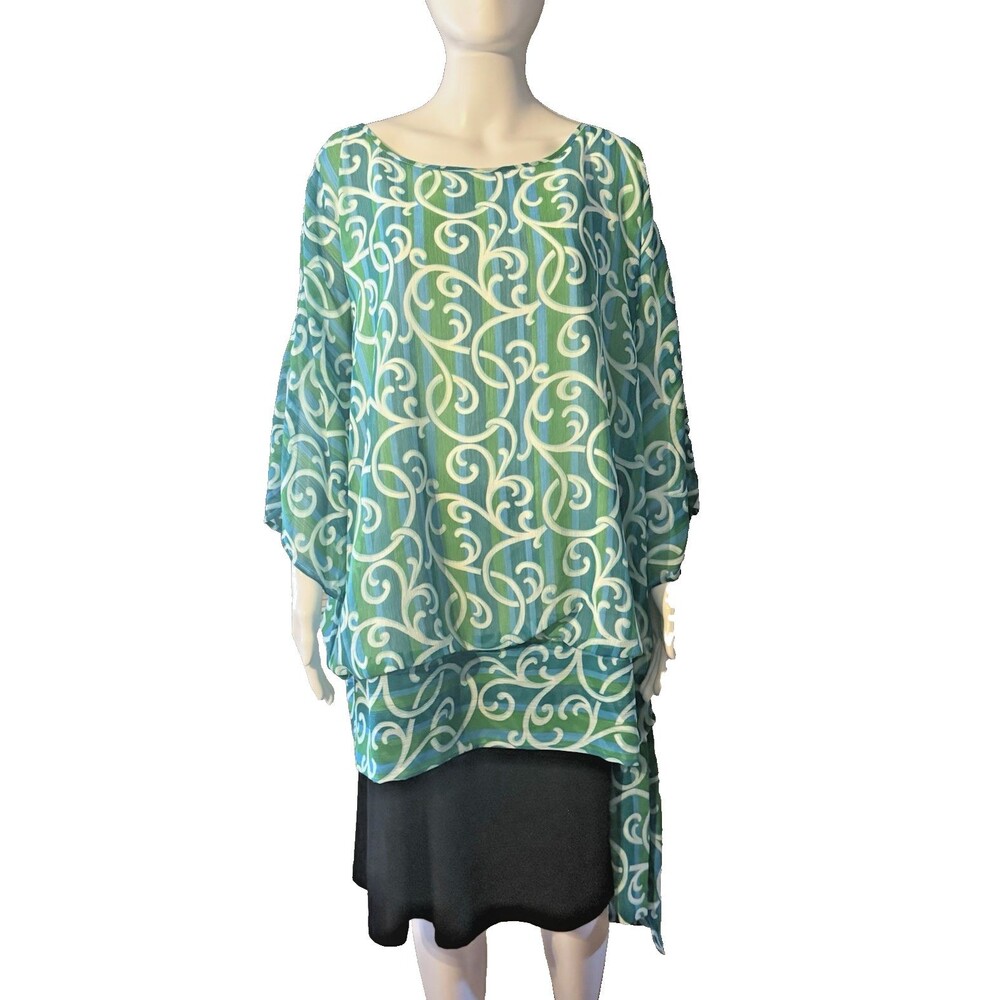 Vintage Bob Mackie Y2K Wearable Art Blue Green Sheer Chiffon Top Plus SZ 2X